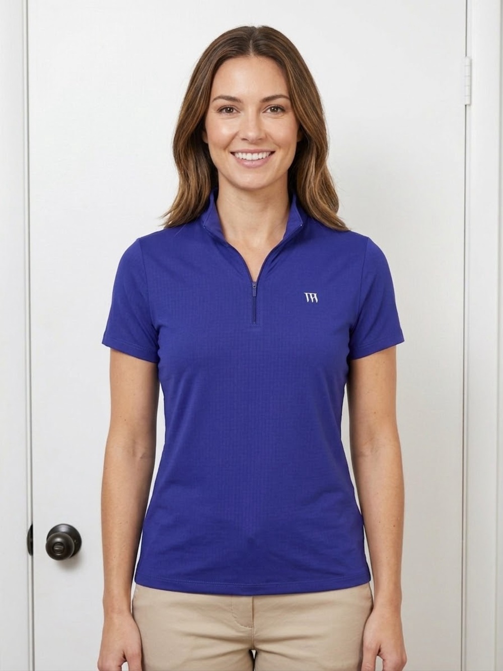 IBKÜL Women's Short Sleeve Mock Neck Golf Polo in Royal Blue UPF50 Size XL